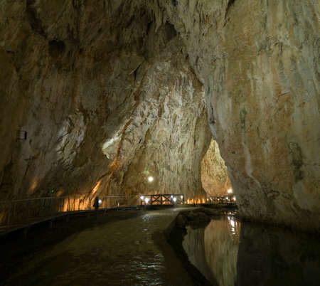 The interior of Stopica cave with Trnava stream, cave is located on the slopes of the Zlatibor mountain in Serbiaの写真素材