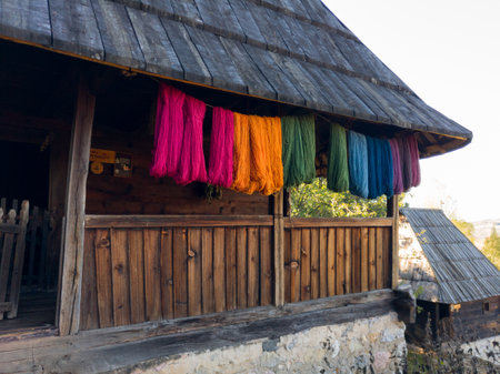 Open-air museum of an old village or ethno village with old wooden traditional buildings in the village of Sirogojno on the mountain Zlatibor in Serbiaのeditorial素材