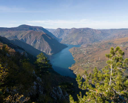 Lookout Banjska rock in Tara National Park, looking down to Lake Perucac and the Drina River canyon in Serbiaの写真素材