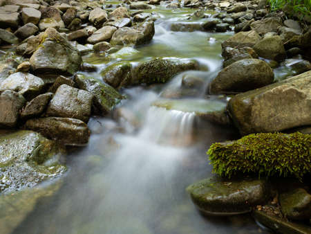 Detail from shallow mountain stream, water flows between wet mossy stonesの写真素材