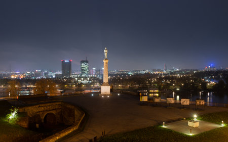 Victor statue at Belgrade park Kalemegdan during night, famous medieval landmarkのeditorial素材