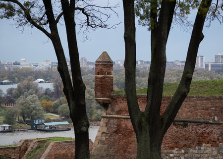 Kalemegdan fortress rampart with guard house, Belgrade parkのeditorial素材