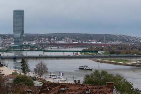 Cityscape of Belgrade and Sava river, bridges and Belgrade tower on waterfront