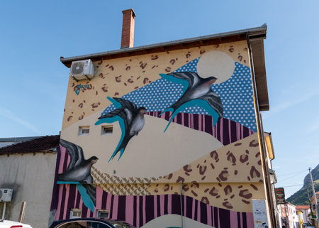 Graffiti of swallows in flight on building wall, street artの写真素材