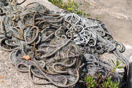 Fishing net on concrete dock, fisherman's equipmentの写真素材