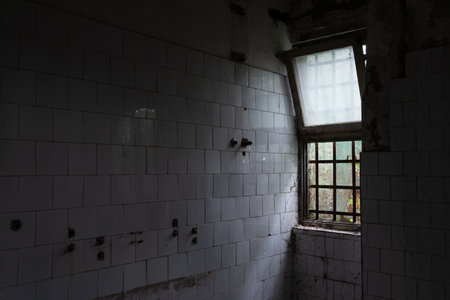 Corner of empty abandoned room with wall tiles and open window, urban explorationの写真素材