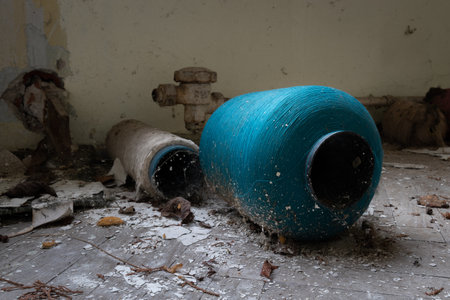 Thread on dirty floor in abandoned factory, urban explorationの写真素材