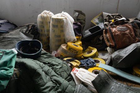 Pile of demining warning tape rolls in natural light, yellow stripの写真素材