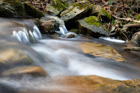 Fast mountain stream flow over rocky bottom making cascades, clearwater murmur over stones and moss...