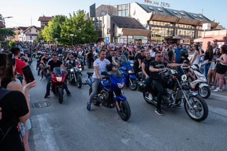 Motorcycle parade in Prnjavor, sidewalks are full of peopleのeditorial素材