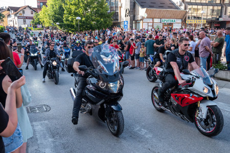 Motorcycle parade in Prnjavor, sidewalks are full of peopleのeditorial素材