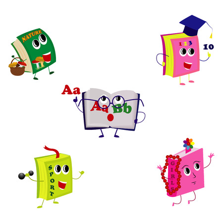 Set of funny book characters, mascots, cartoon vector illustration isolated on white background. Humanized, childish books with smiling faces, arms and legs, school, education concept, design elementsのイラスト素材