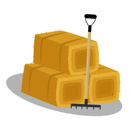 Flat dried haystack with hayfork isolated on whit background. Farming haymow bale hayloft ve?tor illustrationのイラスト素材