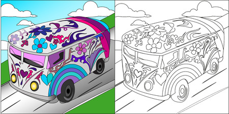 Hand drawn doodle outline retro bus travel decorated with ornaments.Vector zentangle illustration.Floral ornament.Sketch for tattoo or coloring pages.Boho style.のイラスト素材