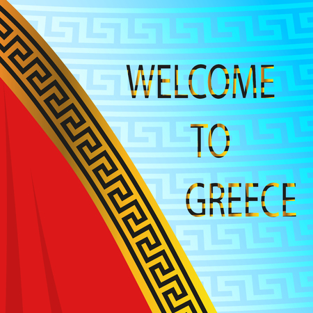 Welcome To Greece watermark stamp. Text tag between parallel lines with grunge design style. Rubber seal stamp with dirty texture. Vector olive color ink imprint on a white background.のイラスト素材