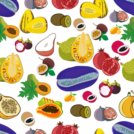 Exotic fruits seamless pattern of vector tropical mango and grapefruit or orange, carambola and dragon fruit, guava and longan, figs or rambutan, passion fruit and feijoa, durian or mangosteenのイラスト素材