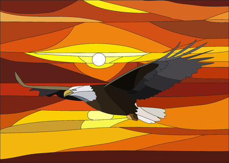 Vector illustration of sunset with clouds in stained glass window.のイラスト素材