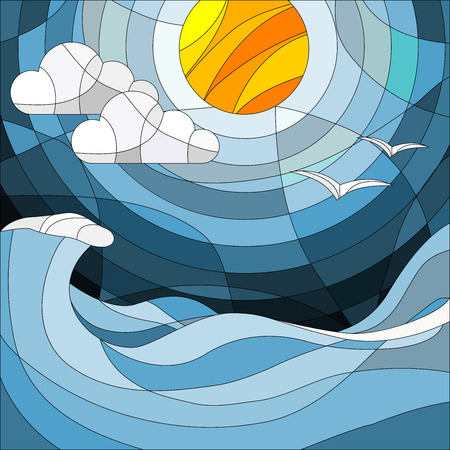 Illustration in stained glass style with sea landscape, sea, cloud
