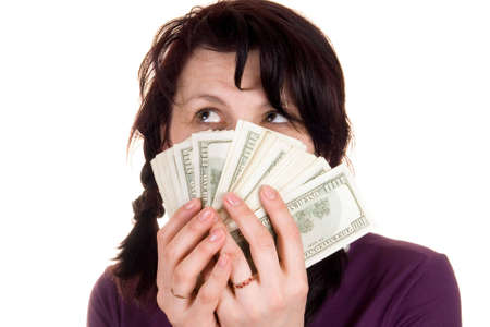 girl with money isolated on white backgroundの写真素材