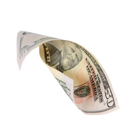 rolled up fifty dollars isolated on white backgroundの写真素材