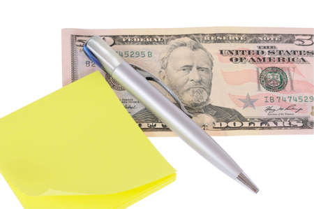 Fifty dollars,pen and  notebook isolated on white backgroundの写真素材