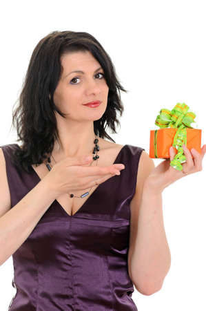 woman with orange gift isolated on white backgroundの写真素材