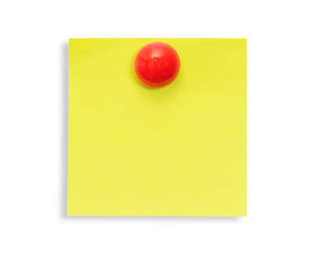 Yellow reminder note with red pin isolated on the white background. の写真素材