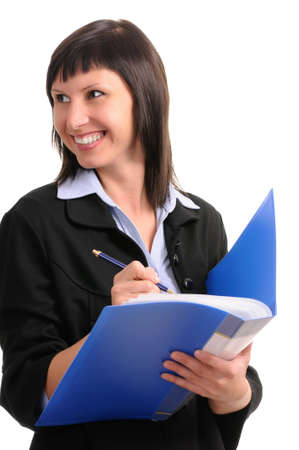 businesswoman with dokuments isolated on white backgroundの写真素材