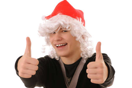 teenager in hat santa claus isolated on white backgroundの写真素材