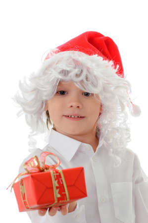 The child in a hat santa claus isolated on white backgroundの写真素材