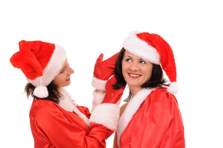 two woman santa isolated on white backgroundの写真素材