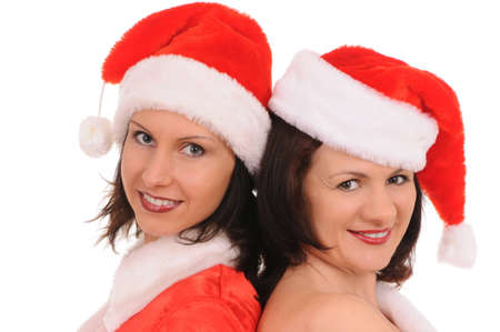 two woman santa isolated on white backgroundの写真素材