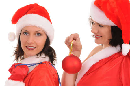 two woman santa isolated on white backgroundの写真素材