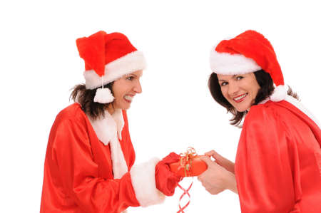 two woman santa isolated on white backgroundの写真素材