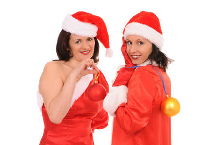 two woman santa isolated on white backgroundの写真素材
