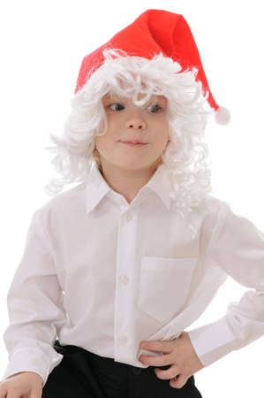 The child in a hat santa claus isolated on white backgroundの写真素材