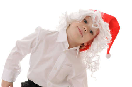 The child in a hat santa claus isolated on white backgroundの写真素材