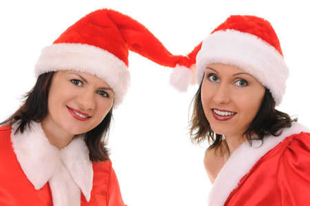 two woman santa isolated on white backgroundの写真素材