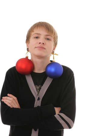 The teenager with christmas-tree decorations in ears isolated on white backgroundの写真素材