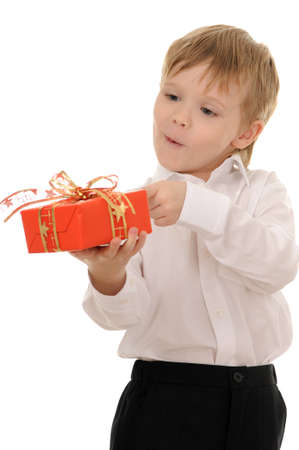 The child with gift isolated on white backgroundの写真素材