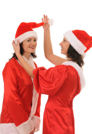 two woman santa isolated on white backgroundの写真素材