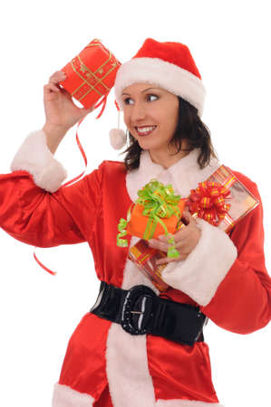 santa woman with gift isolated on white backgroundの写真素材