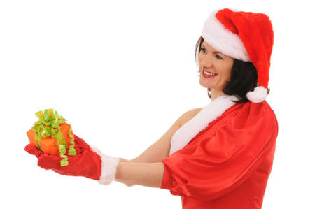 santa woman with gift isolated on white backgroundの写真素材