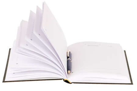 brown business diary with pen isolated on white backgroundの写真素材