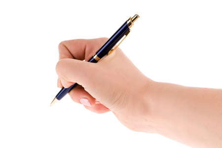 pen in the female hand isolated on white backgroundの写真素材