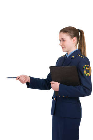 girl in the uniform of the railway with a folderの写真素材