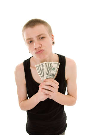 funny skinny teenager with a dollars isolated on white backgroundの写真素材