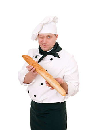 chef with French roll isolated on white backgroundの写真素材