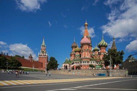 The most famous architectural place for visiting and attraction in Moscow, Russia, Saint Basil's cathedral with colorful cupolas and spectacular domes in traditional culture on cloudy blue skyのeditorial素材