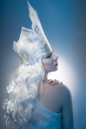 Winter Beauty Woman. Christmas Girl Makeup.Winter Queen with Snow and Ice crown.の写真素材